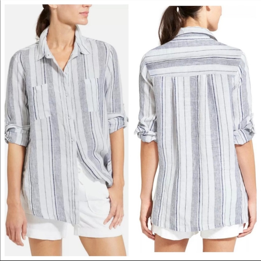 Athleta Navy Stripe Peninsula Linen Button Down Shirt XS